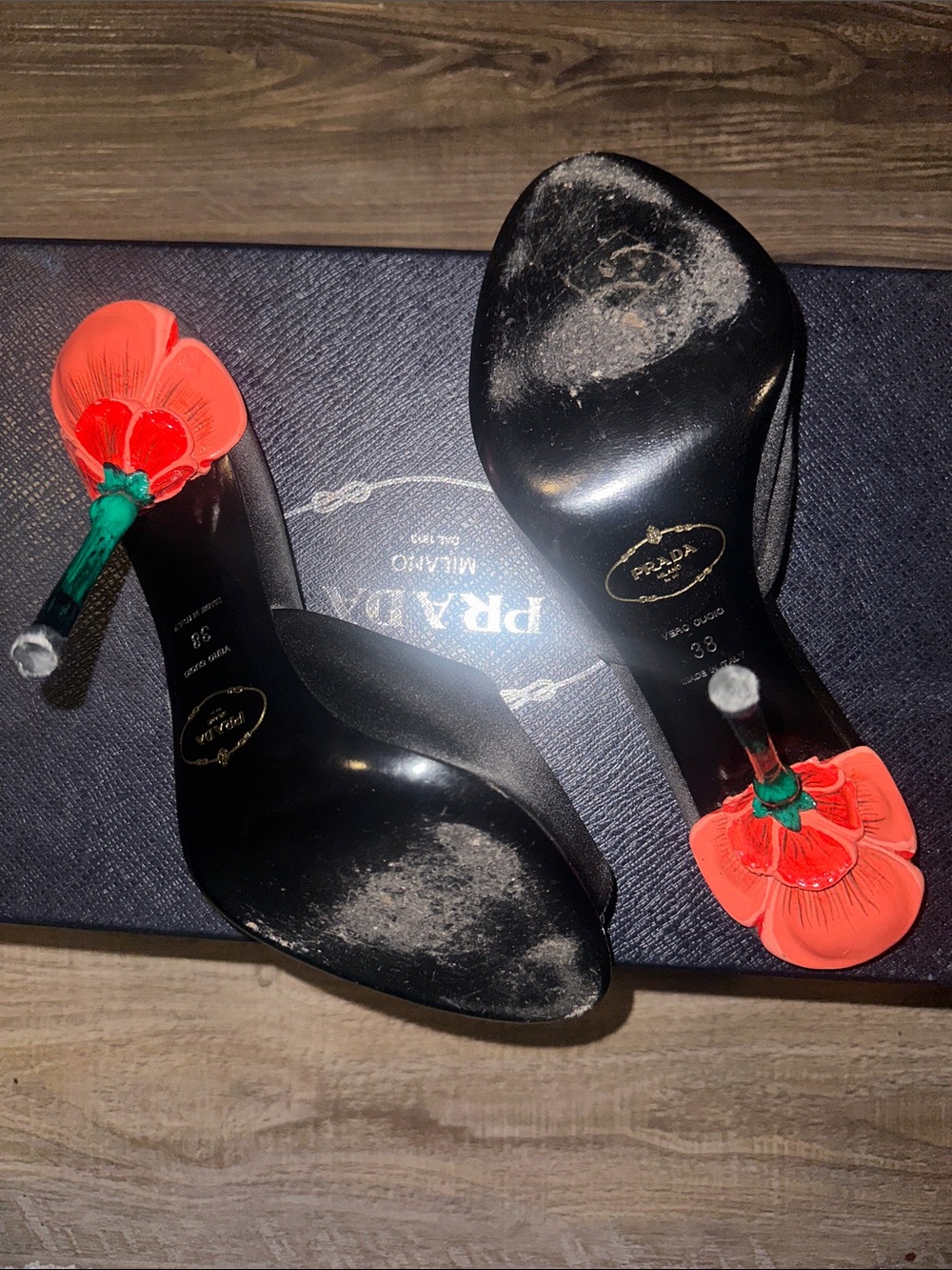 Prada Black Leather Pumps with Red Floral Heel Detail